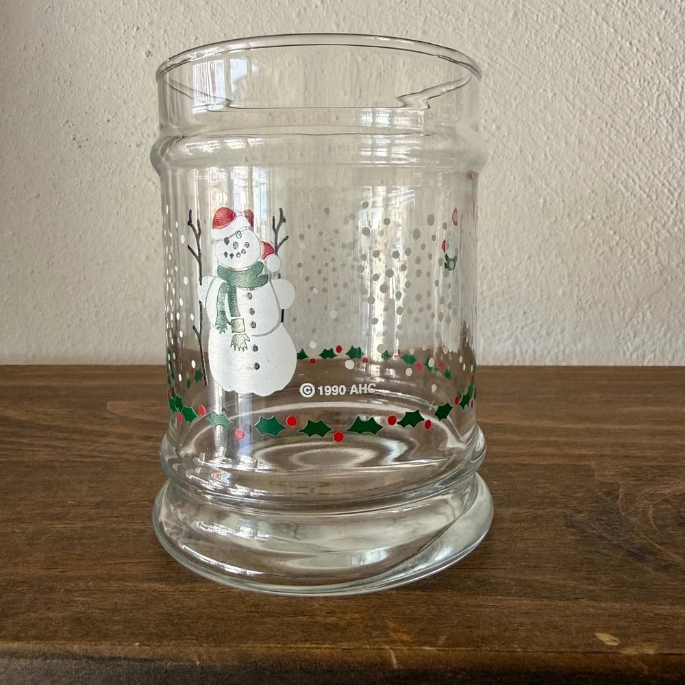 Vintage 1990 Anchor Hocking Snowman Holly Glass Votive Candle Holder Decor
